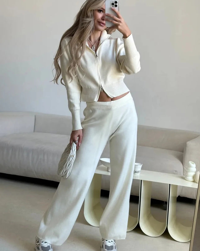 Knit Zip-Up Cardigan & Wide-Leg Pants Set
