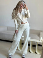Women’s Knit Two Piece Set Zip Up Cardigan Wide Leg Pants Outfit