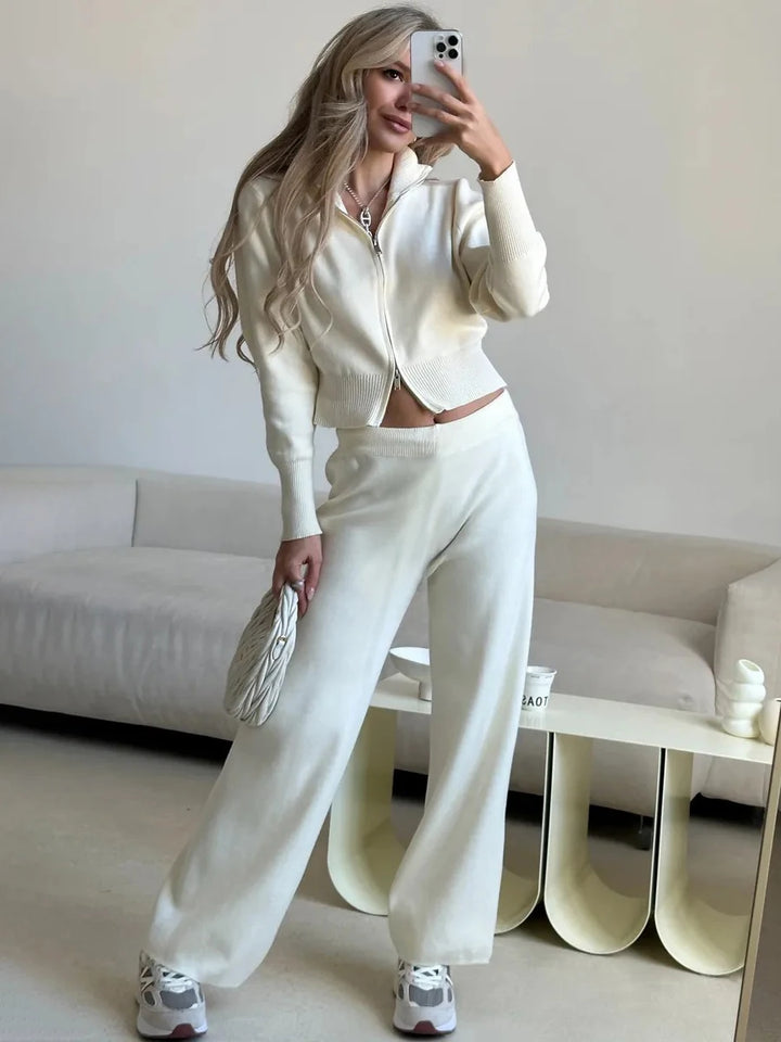 Women’s Knit Two Piece Set Zip Up Cardigan Wide Leg Pants Outfit-HighTouch