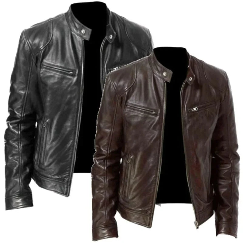 Slim Fit PU Stand Collar Jacket – Autumn Motorcycle Coat for Men-HighTouch