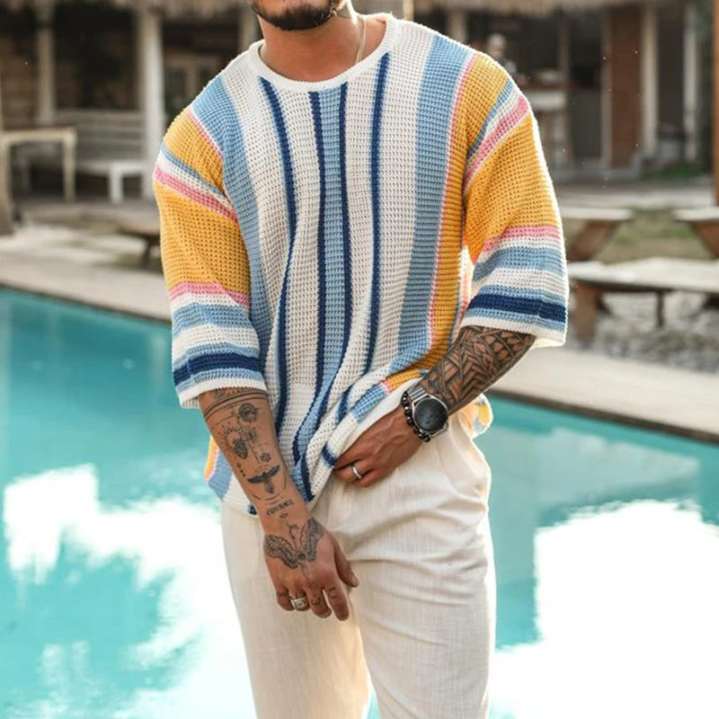 Breathable Striped Hollow Knit Summer T-Shirt for Men
