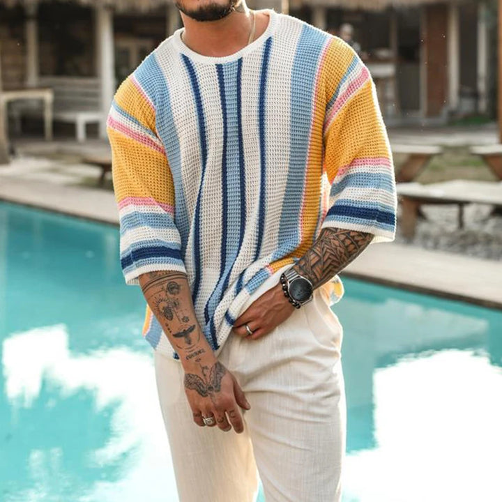 Breathable Striped Hollow Knit Summer T-Shirt for Men-HighTouch