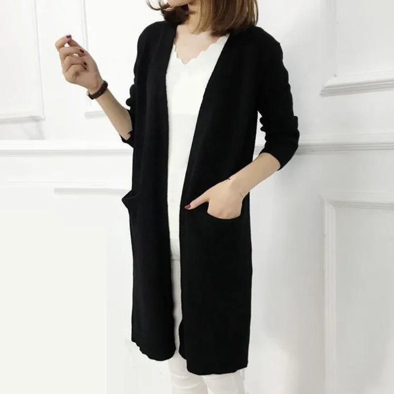 Women’s Long Winter Zipper Jacket – Elegant Street-Style Coat with Pockets