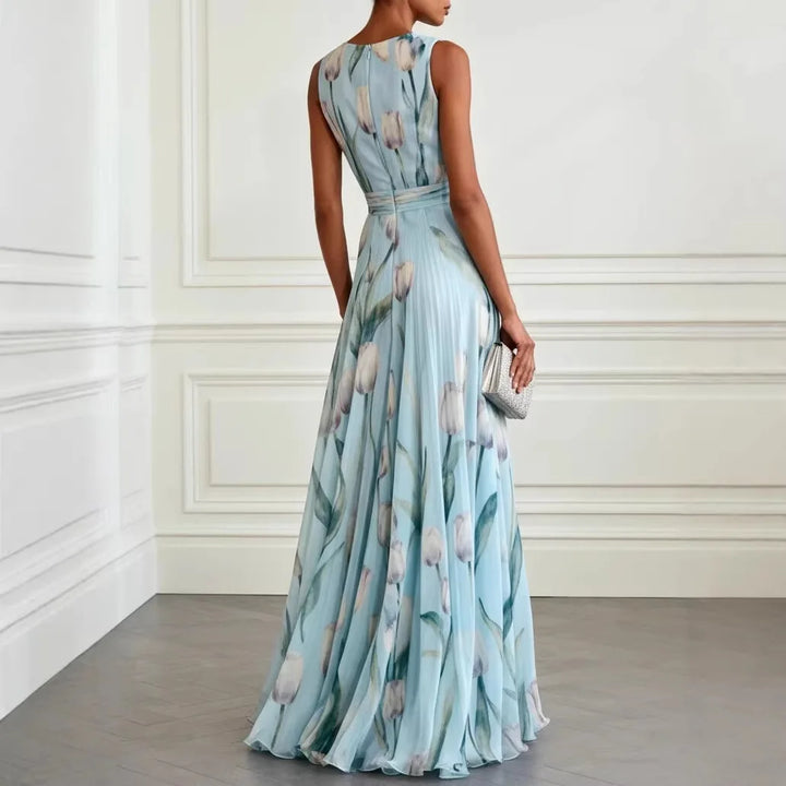 Josephina | Tulip Print V-Neck Maxi Wedding Guest Dress