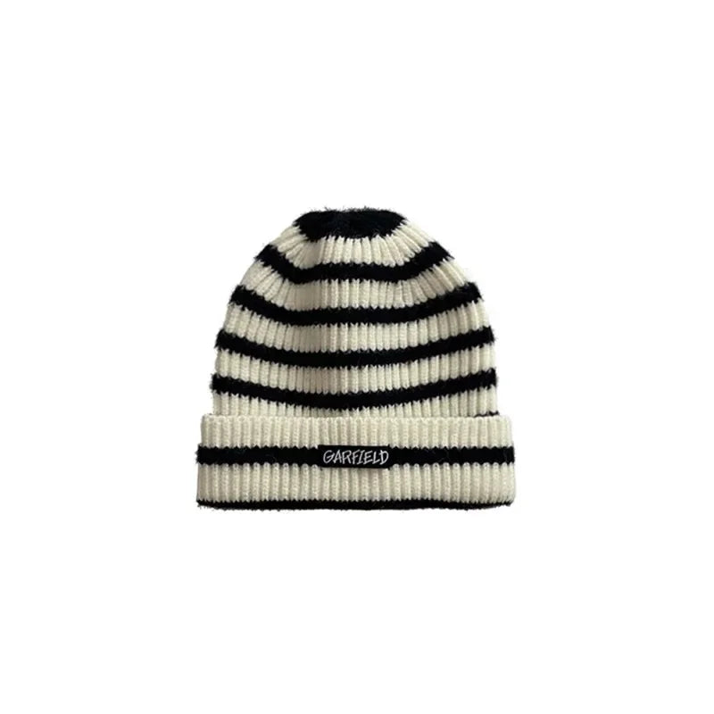 2025 Autumn/Winter Multi-Functional Solid Color Knitted Hat with Warm Hood and Striped Design