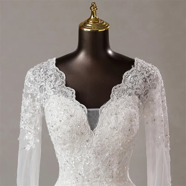Custom Long‑Sleeve Mermaid Wedding Dress with Lace Appliqués