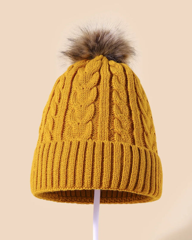 Plush-Pom Knit Flap Beanie for Women