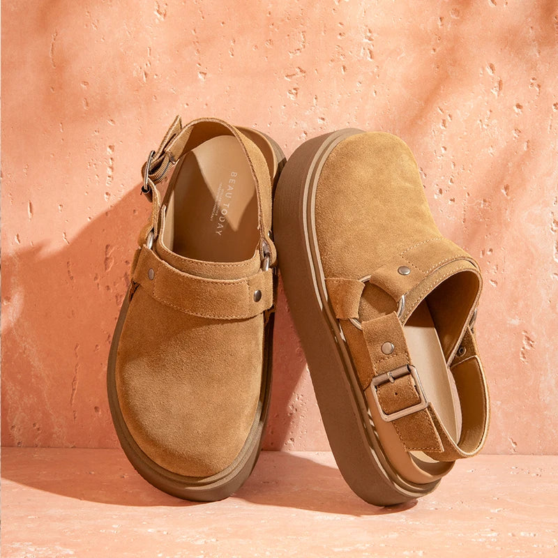 Leather Suede Sandals with Metal Ring Accent