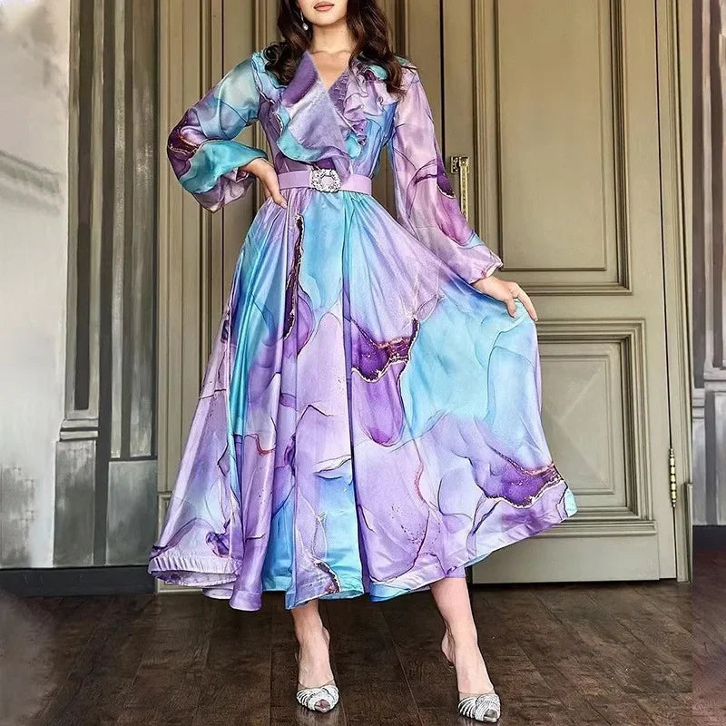 Elegant Printed Long-Sleeve Belted Maxi Dress Women