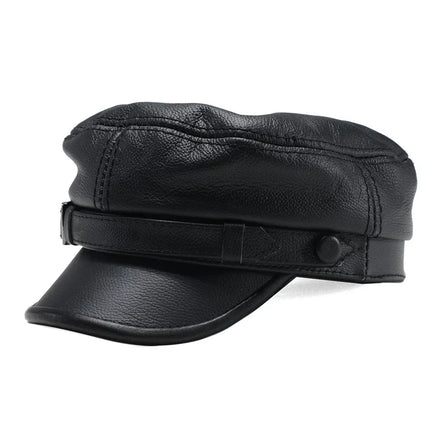 Luxury Genuine Leather Captain / Military Peaked Cap – Unisex Adjustable Black