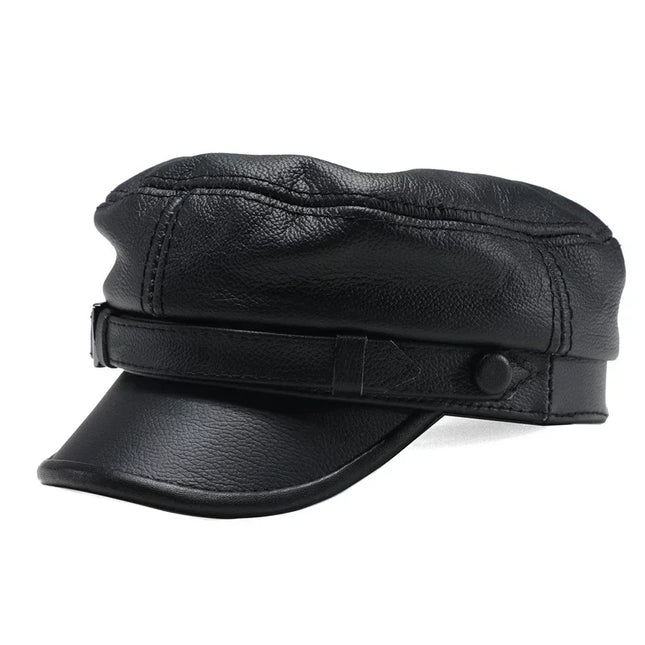 Luxury Genuine Leather Captain / Military Peaked Cap – Unisex Adjustable Black