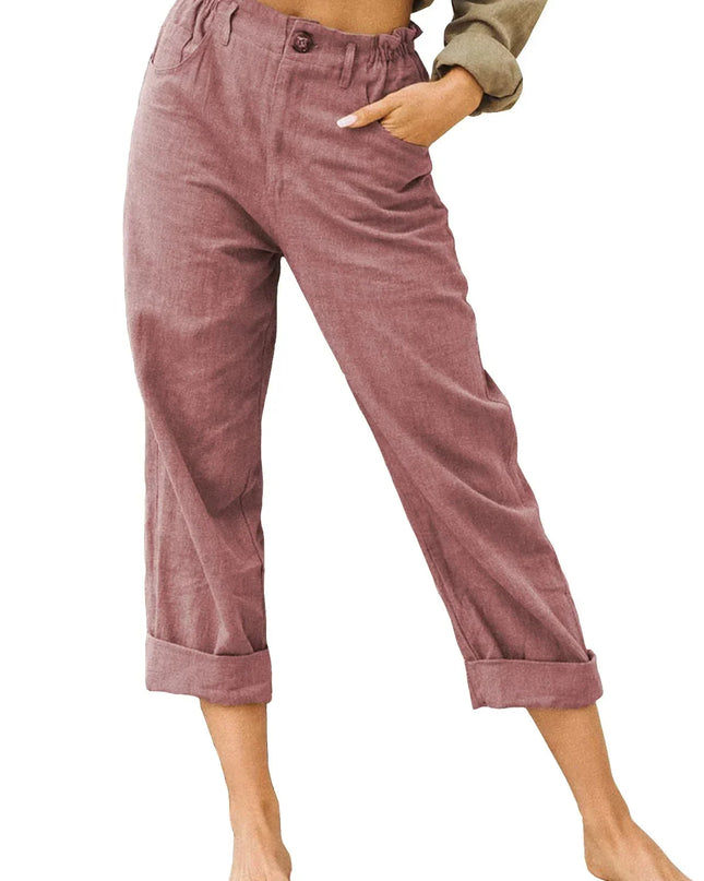 Spring Cotton-Linen Women’s Loose Button Pockets Pants – Elegant & Breathable