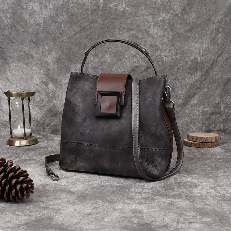 Top-Grain Leather Bucket Bag for Women ‒ Handmade Designer Office & Travel Purse