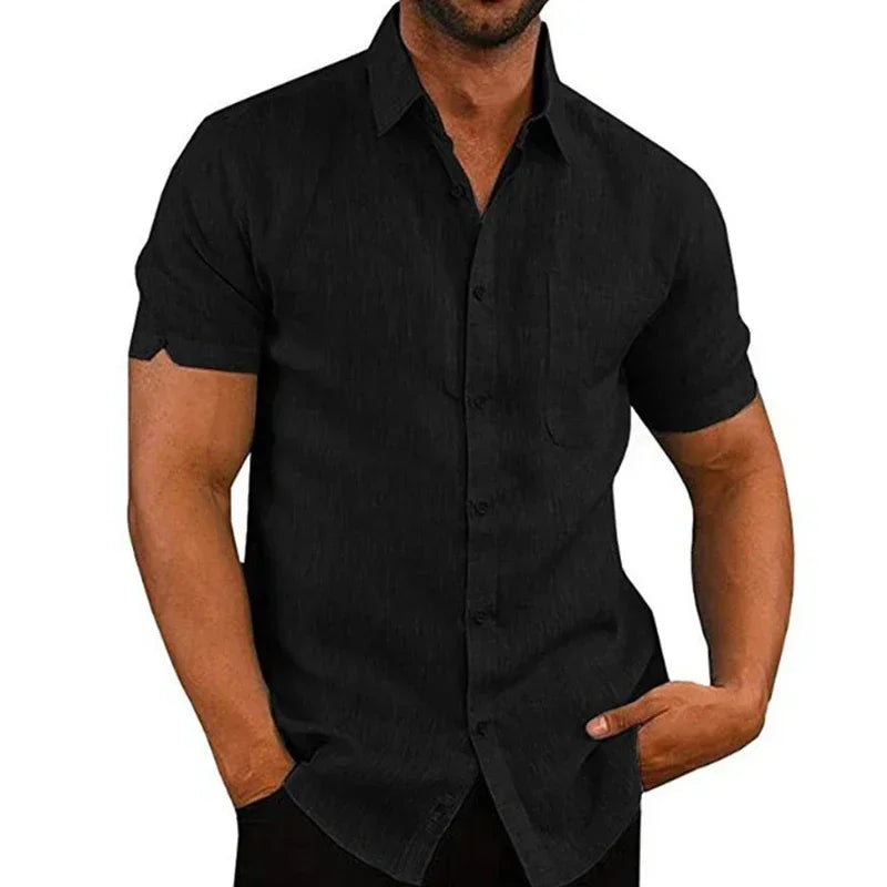 Camicia da uomo in cotone e lino a maniche corte