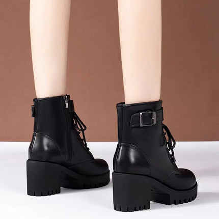 Autumn Women's Chunky Heeled Short Boots Round Toe Lace Up High Heels Solid Color Waterproof Platform Motorcycle Boots for Women