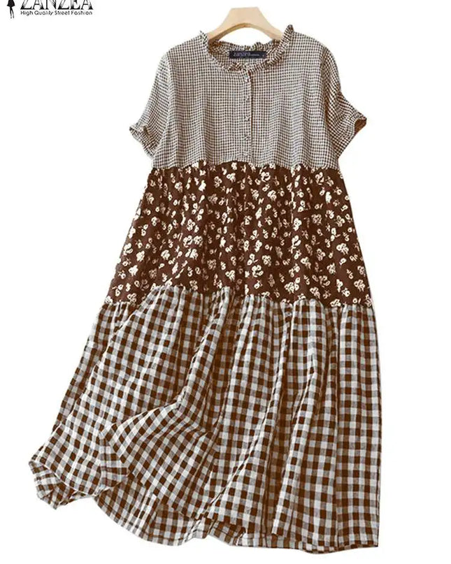 Zanzea Plaid Pleated Maxi Dress