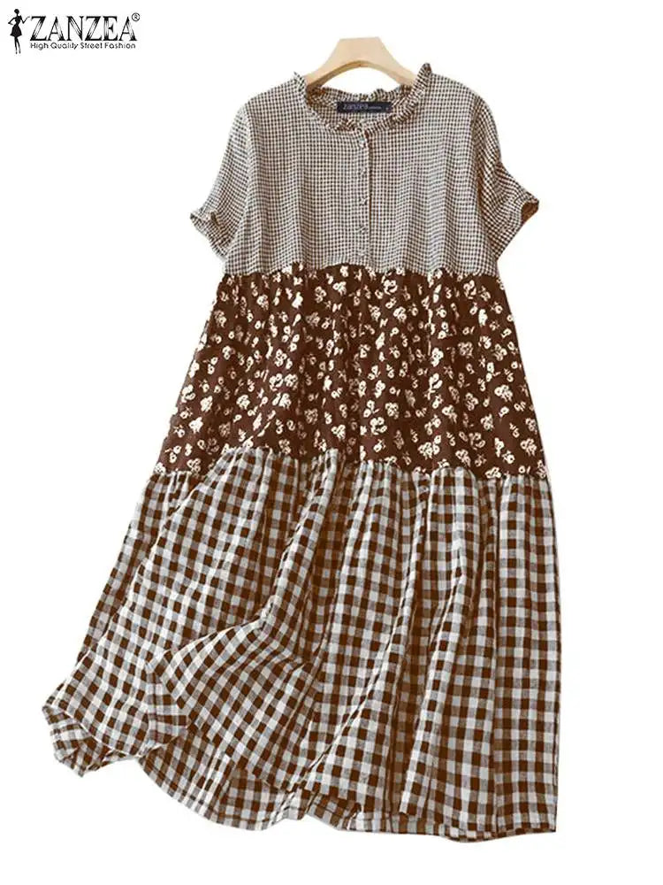 Zanzea Plaid Pleated Maxi Dress-HighTouch