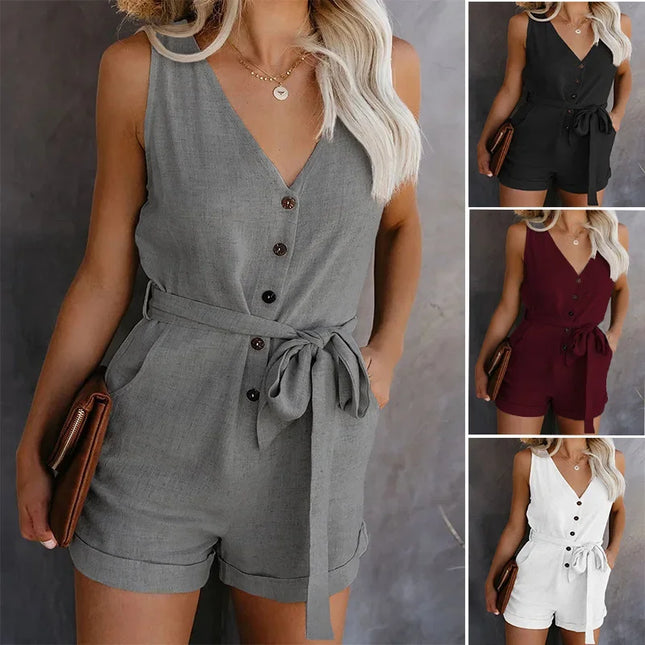Monochrome V‑Neck Jumpsuit with Tailored Shorts
