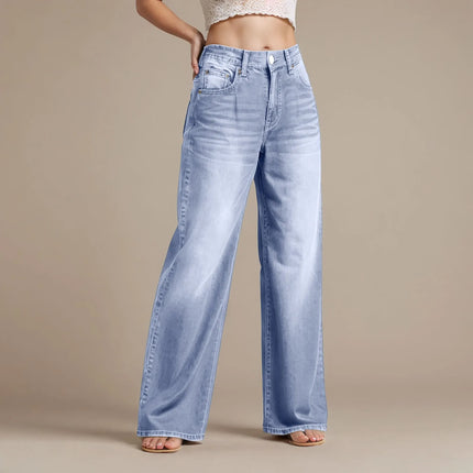High-Waist Blue Wash Wide-Leg Jeans for Women – Stretch Comfort, Baggy Style