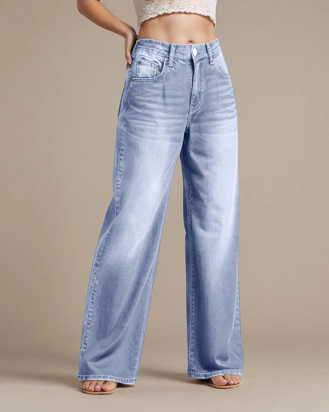 High-Waist Blue Wash Wide-Leg Jeans for Women – Stretch Comfort, Baggy Style