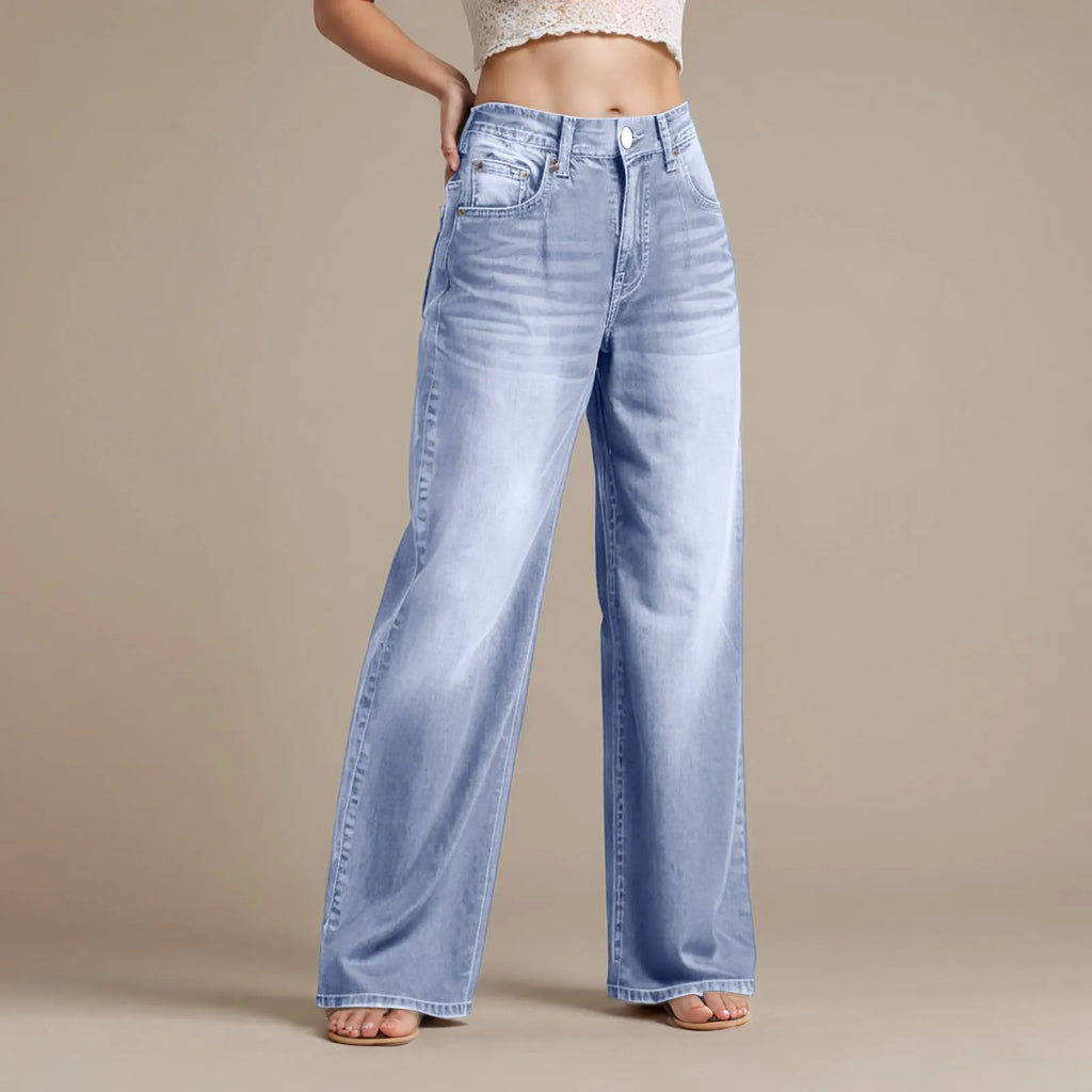 High-Waist Blue Wash Wide-Leg Jeans for Women – Stretch Comfort, Baggy Style-HighTouch