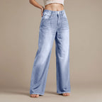 High-Waist Blue Wash Wide-Leg Jeans for Women – Stretch Comfort, Baggy Style-HighTouch