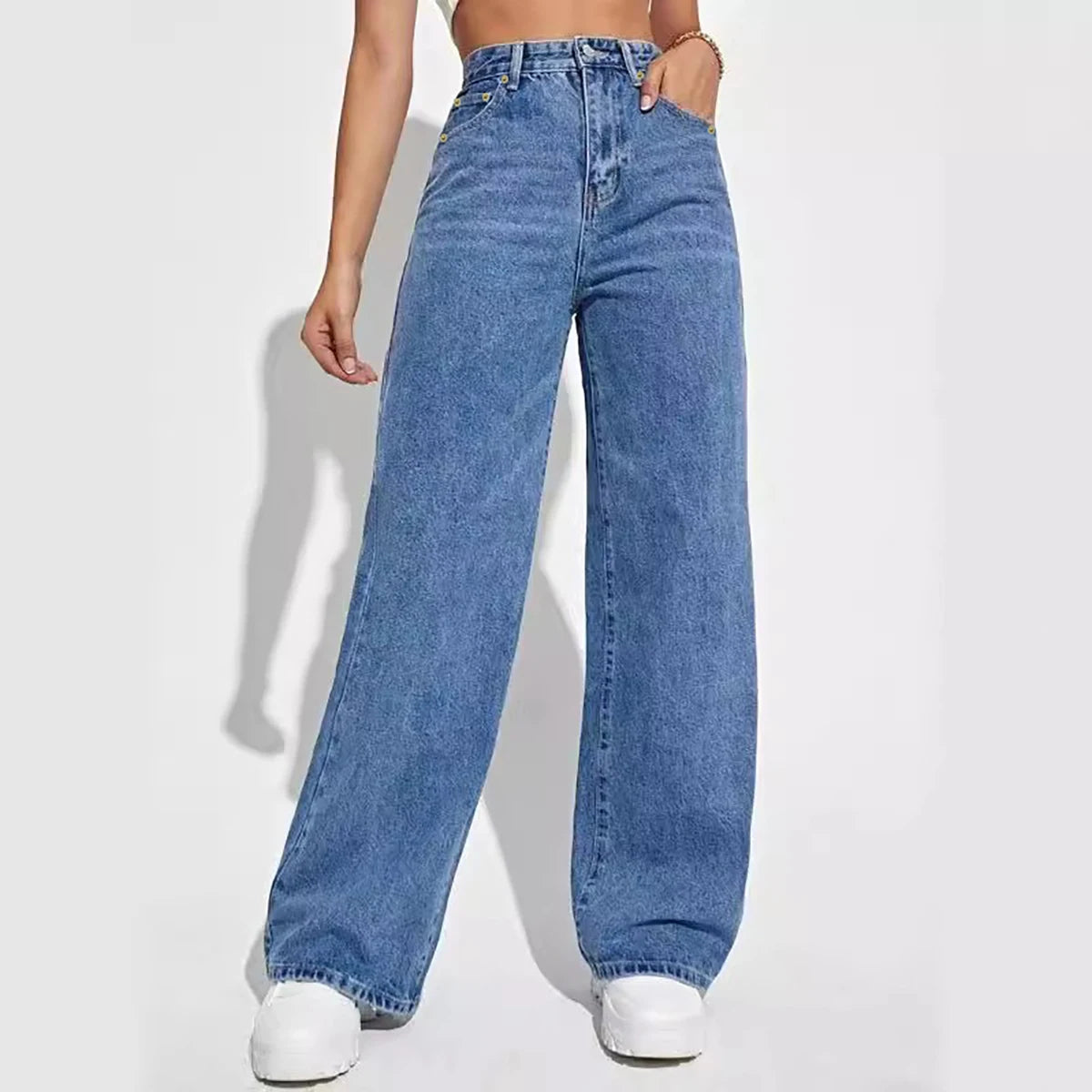 Women’s Mid-Waist Loose Straight Jeans Casual Denim Pants-HighTouch