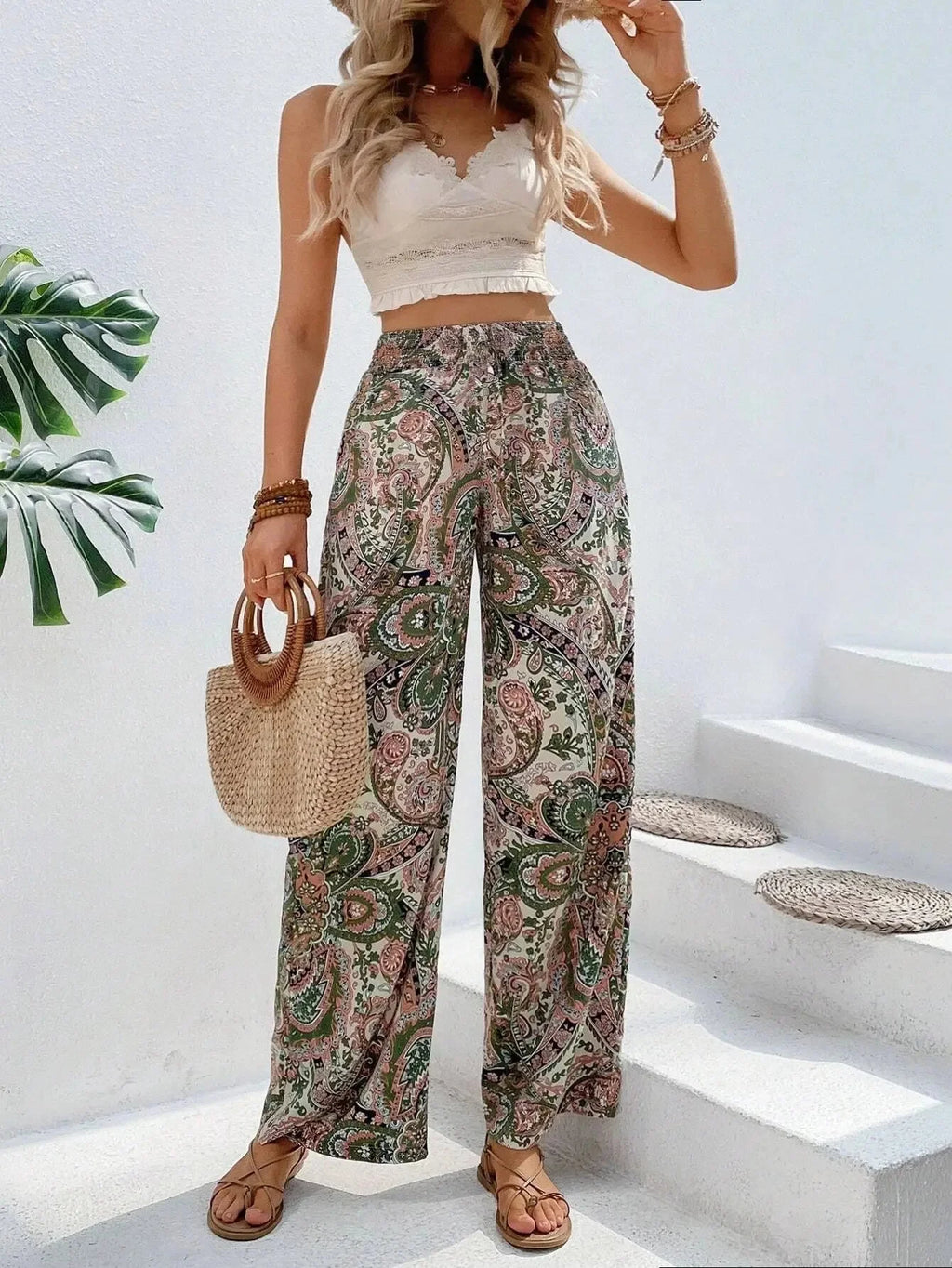 Fashionable Wide-Leg Elastic Waist Printed Pants for Women-HighTouch