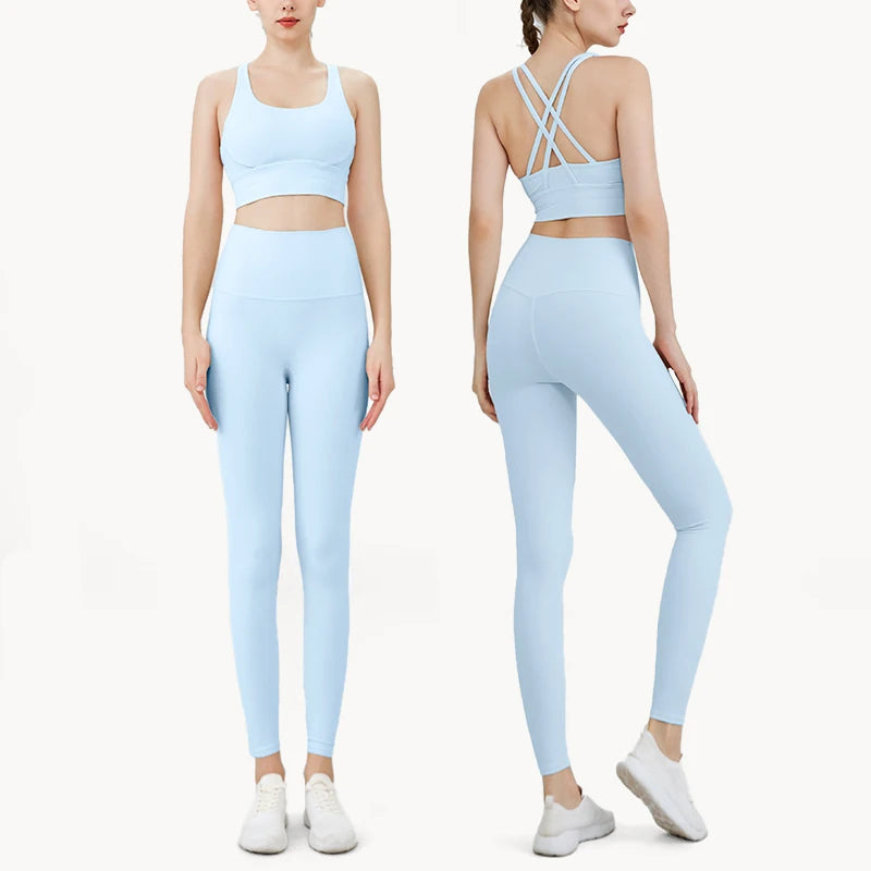 Summer New 2 Piece Yoga Clothes Women's Tracksuit Athletic Cross Back Nylon Yoga Top Women Sports Bra Leggings Pilates Fitness-HighTouch