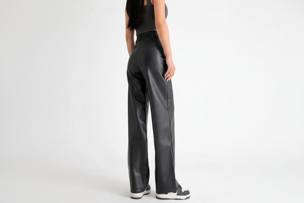 Pantaloni larghi larghi in pelle calda con tasche e bottoni da donna BIVIGAOS in pile autunno inverno vita alta spessa PU casual dritti