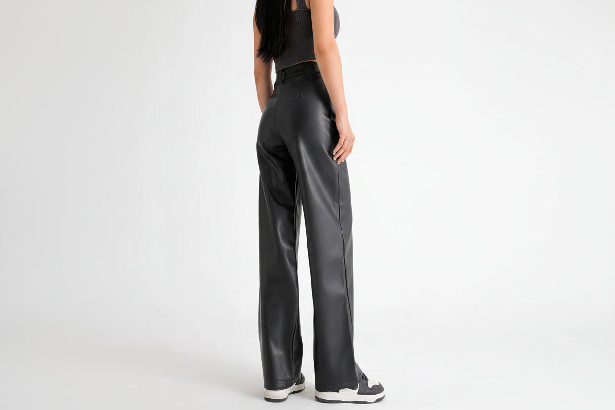 BIVIGAOS Herfst Winter Fleece Losse Wijde Pijp Warme Leren Broek Dames Knop Zak Hoge Taille Dikke PU Informele Rechte Broek