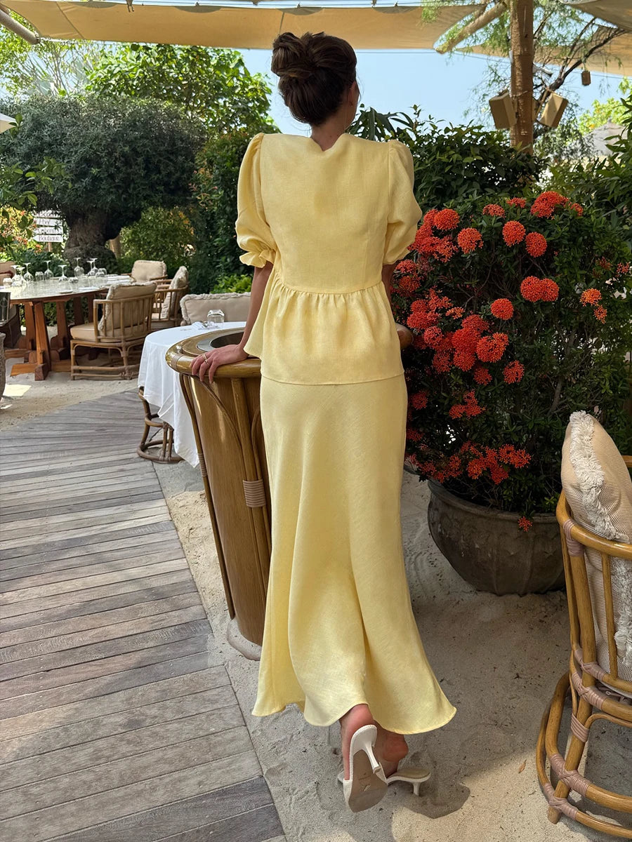 Cotton Lace‑Up Bubble Sleeve Top & Skirt Set