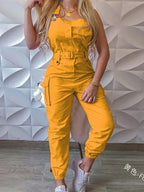 Sleeveless Cargo Jumpsuit with Drawstring Waist-HighTouch