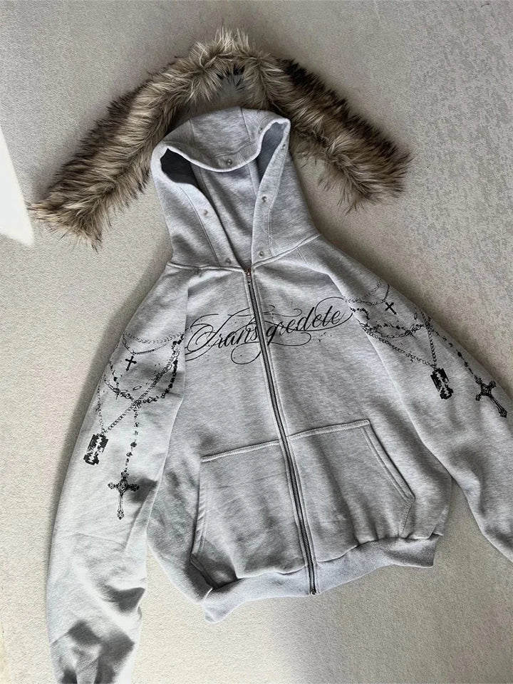 Winter Fashion Streetwear Women's Gothic Punk Faux Fur Hooded Jacket With Cross Print Trendy Edgy Zip - Up Sweatshirt