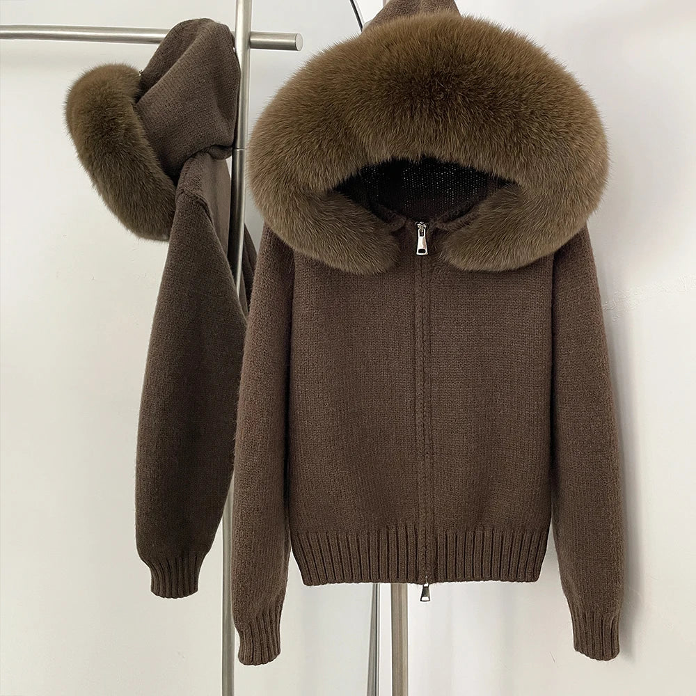 Women’s Hooded Knit Cardigan with Real Fox Fur – Casual Short Coat-HighTouch