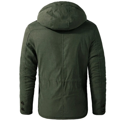 Men’s Hooded Fleece-Lined Cotton Parka – Thickened Mid-Length Winter Coat with Multi-Pockets