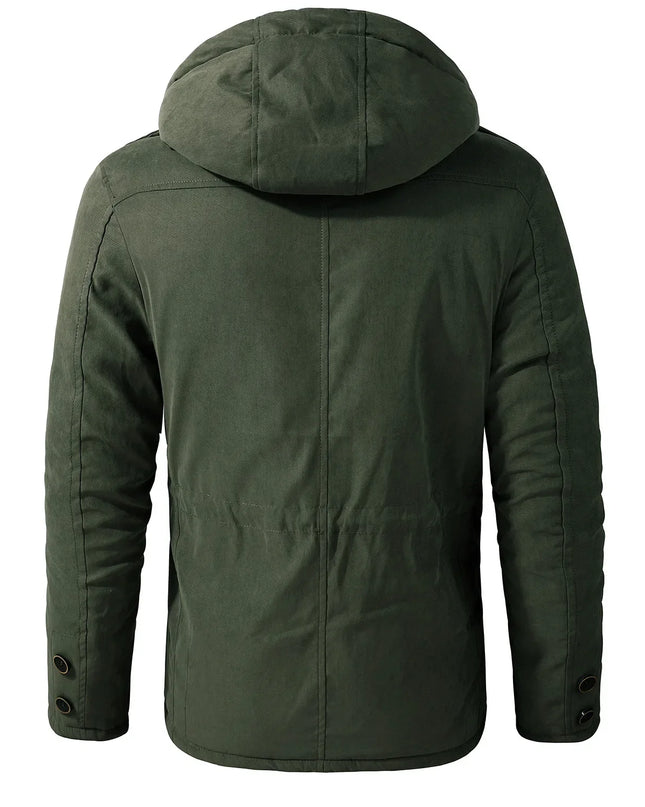 Men’s Hooded Fleece-Lined Cotton Parka – Thickened Mid-Length Winter Coat with Multi-Pockets