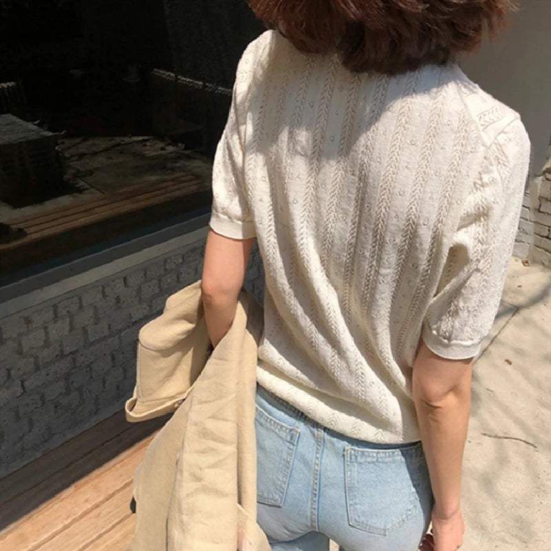 Distressed 100% Cotton Tee – Korean Knit Summer Top