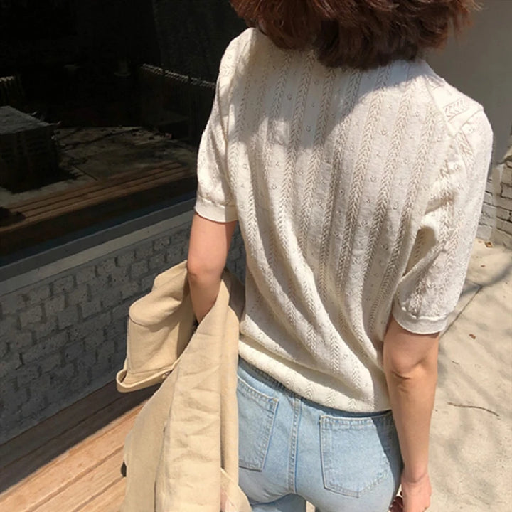 Distressed 100% Cotton Tee – Korean Knit Summer Top-HighTouch