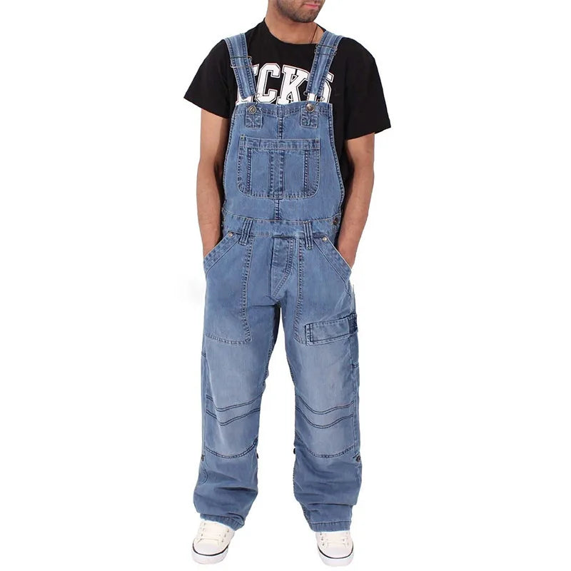 Men’s Baggy Denim Overalls Jumpsuit – Multi-Pocket Washed Suspenders