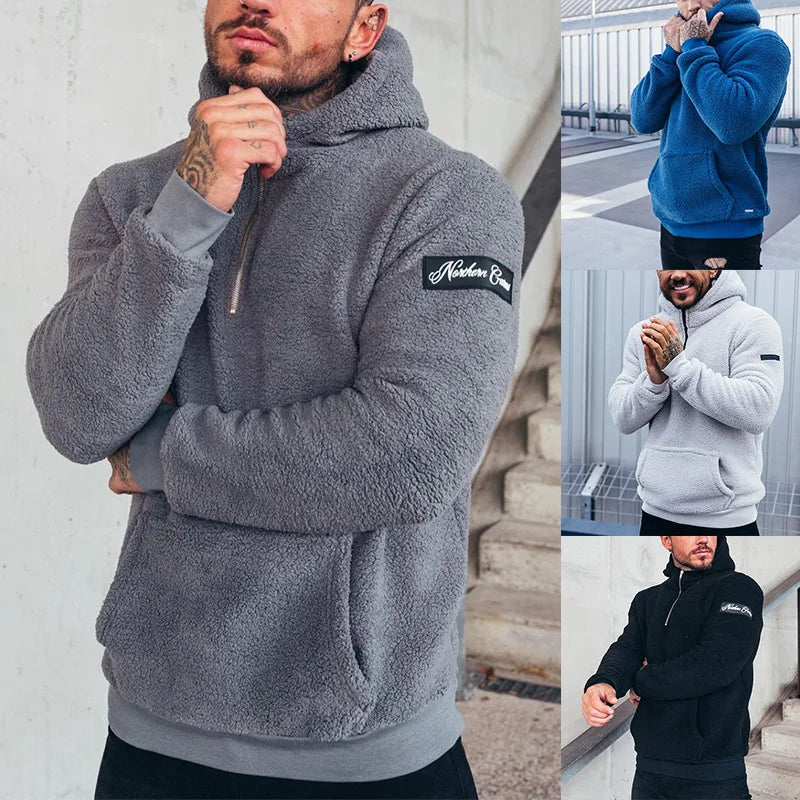Solid Colour Zipped Fleece Hoodie Men-HighTouch
