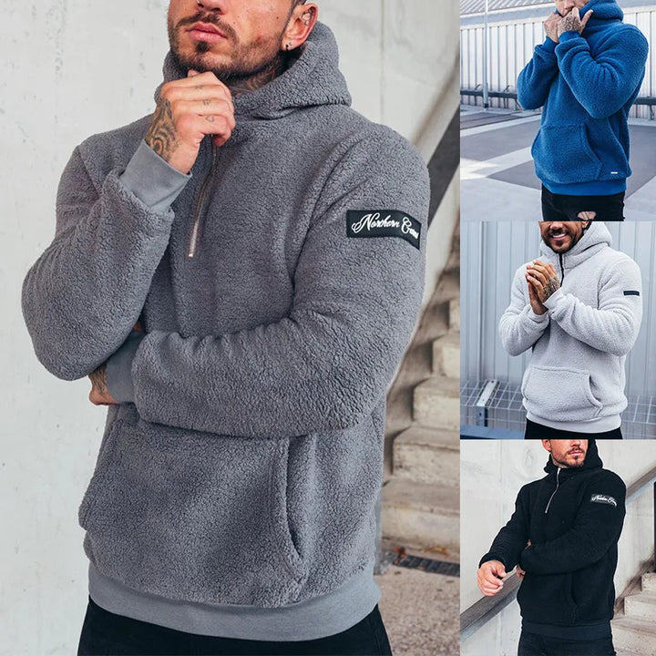 Solid Colour Zipped Fleece Hoodie Men-HighTouch