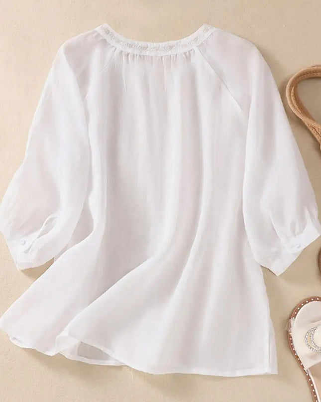Embroidered Linen Cotton Blouse – Casual 3/4 Sleeve Women’s Top