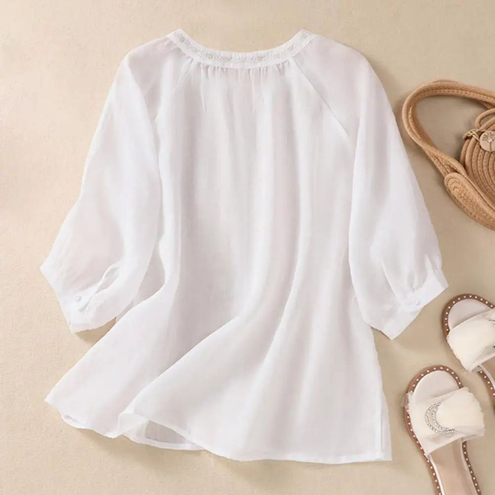 Geborduurde linnen polyester blouse – Informeel damesshirt met driekwartmouw