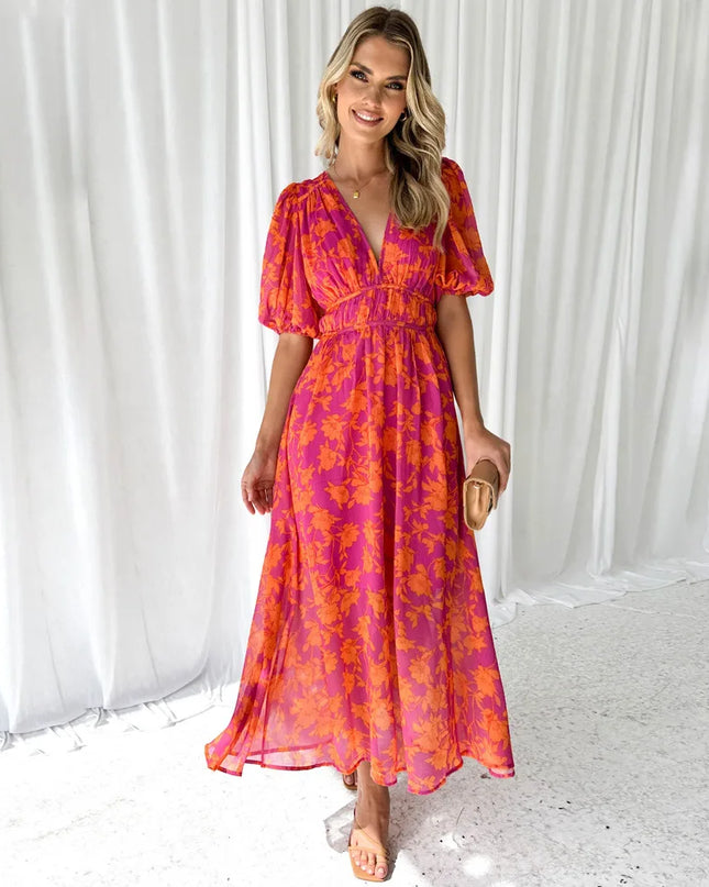 Boho Puff-Sleeve Maxi Dress – Printed, Waist-Trimming & Effortless Holiday Style