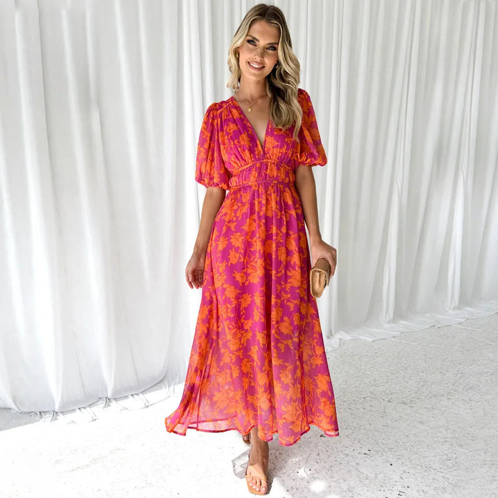 Boho Puff-Sleeve Maxi Dress – Printed, Waist-Trimming & Effortless Holiday Style-HighTouch
