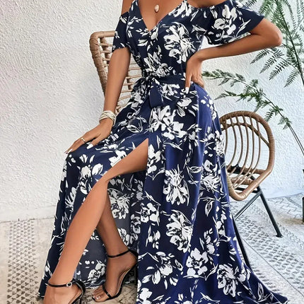 Boho Floral Cold-Shoulder Split Maxi Dress Women