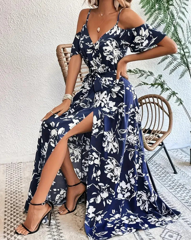 Boho Floral Cold-Shoulder Split Maxi Dress Women