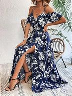 Boho Floral Cold-Shoulder Split Maxi Dress Women-HighTouch