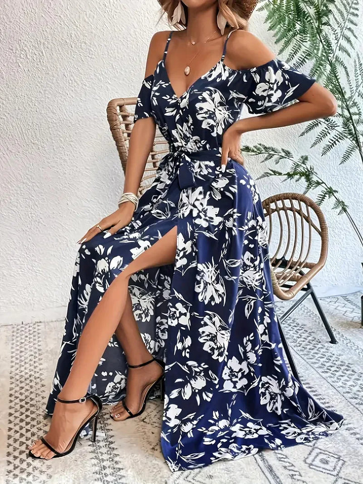 Boho Floral Cold-Shoulder Split Maxi Dress Women-HighTouch